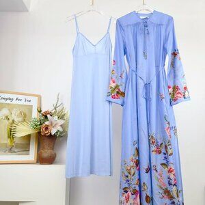 Zimmermann Blue Floral Slip Dress with Matching Robe Two Piece Set Resort Wear